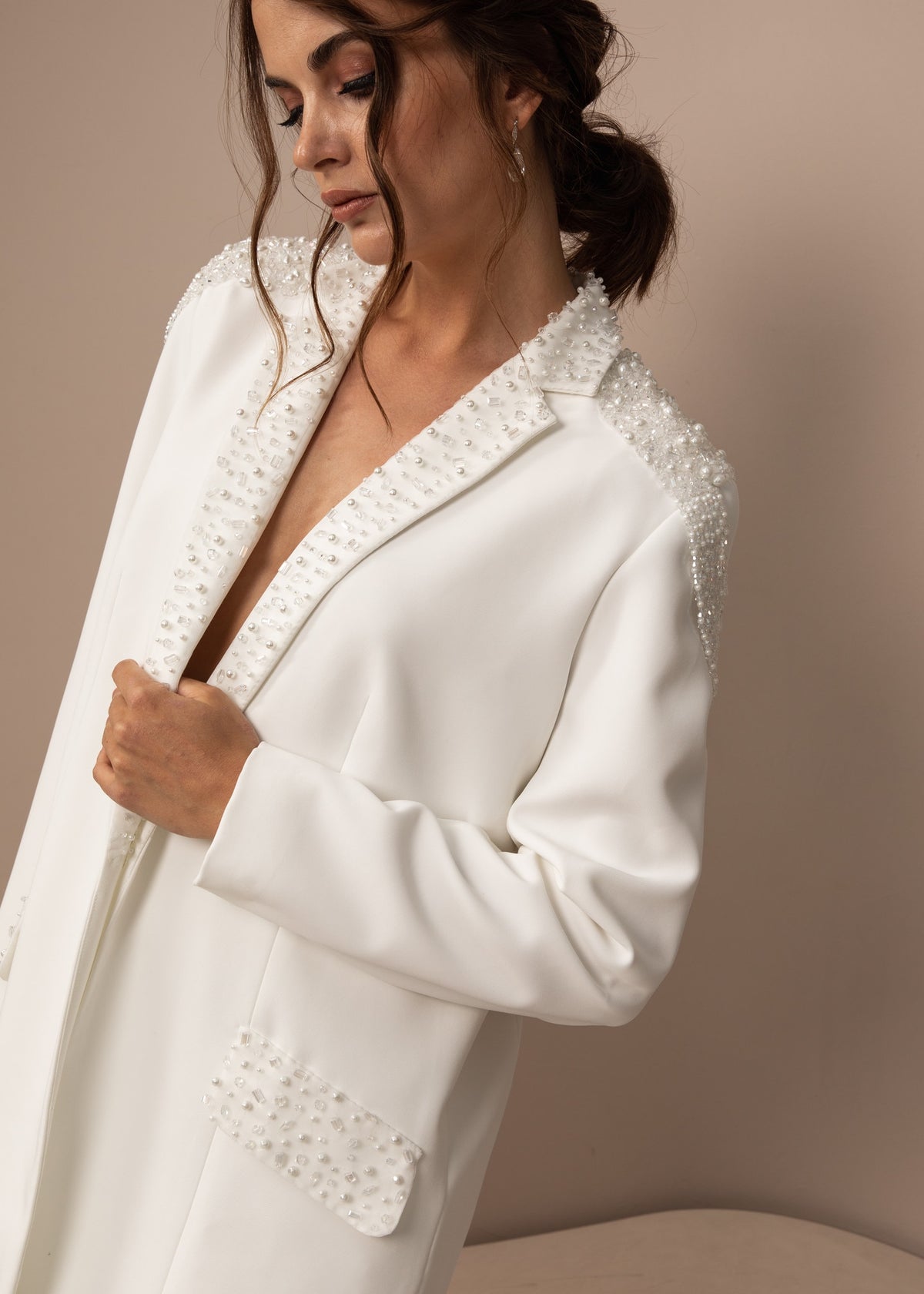 Pearls Beading Women Wedding Tuxedos Ivory Prom Evening Guest Formal Wear Custom Made Pants Suits (Jacket+Pants)