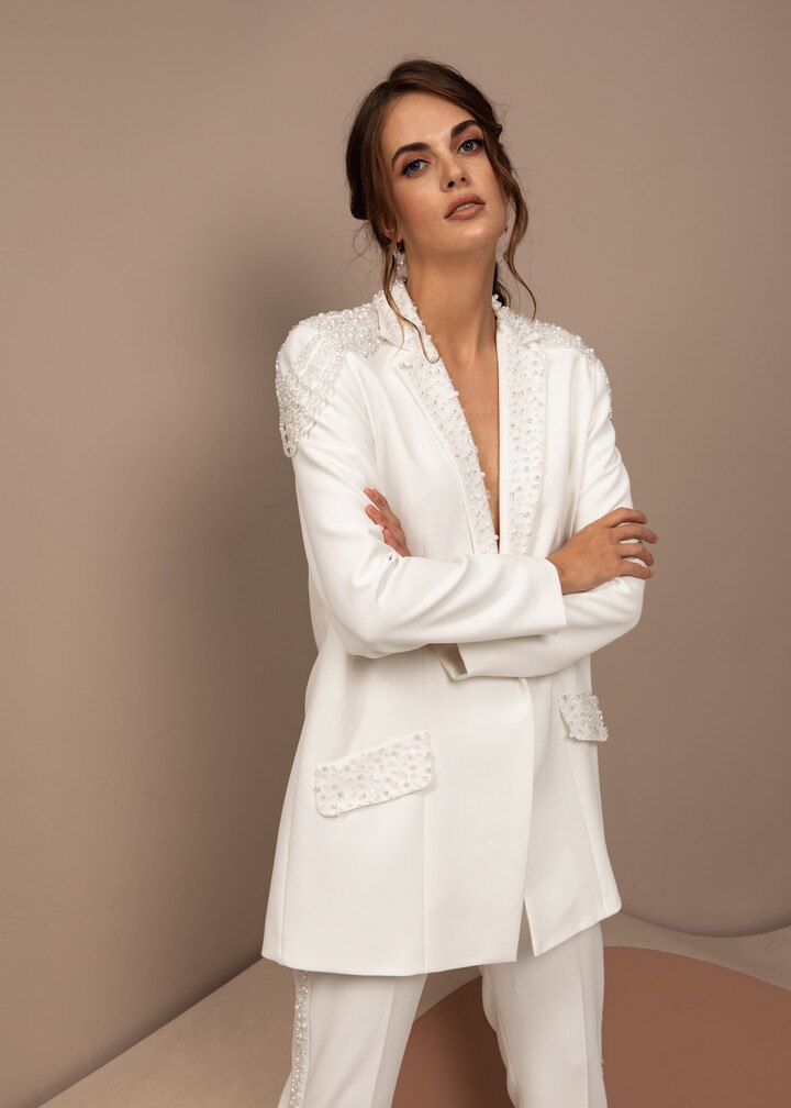 Pearls Beading Women Wedding Tuxedos Ivory Prom Evening Guest Formal Wear Custom Made Pants Suits (Jacket+Pants)