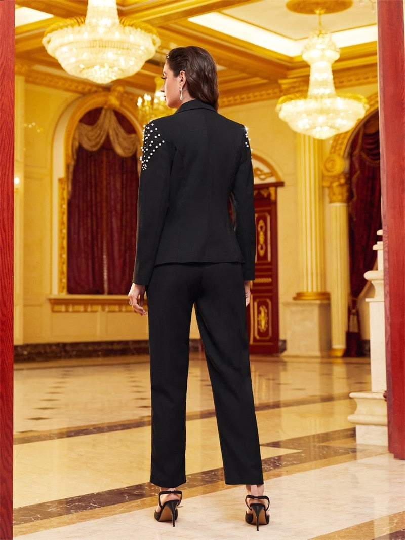 Conjunto de trajes de mujer con perlas, blazer de lujo con un botón y solapa de pico, manga larga y pantalón recto, 2 piezas, hecho a medida, formal, para oficina. 