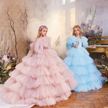 Girls Layered Tulle Ball Gown Dresses in Pink and Blue with Ruffled Sleeves and Floral Headband Accessories
