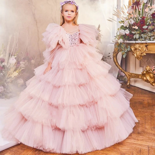 Girls Layered Tulle Ball Gown Dresses in Pink and Blue with Ruffled Sleeves and Floral Headband Accessories
