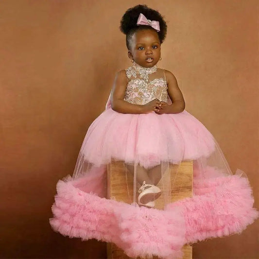 Vestido de bebé de tul bordado con encaje rosa y diadema con lazo