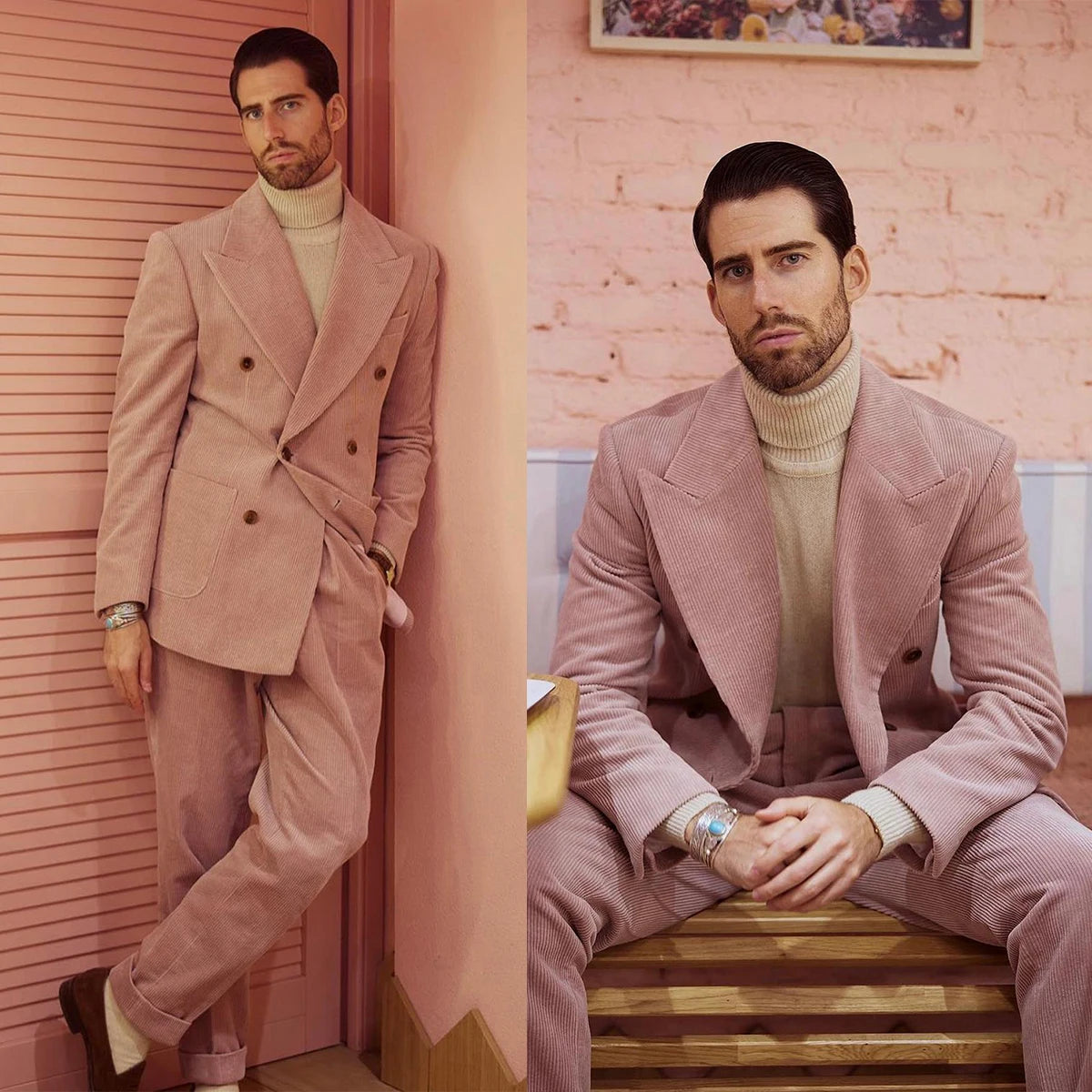 Ensemble 2 pièces veste et pantalon en velours côtelé rose pour homme, smoking croisé pour cérémonie, mariage 