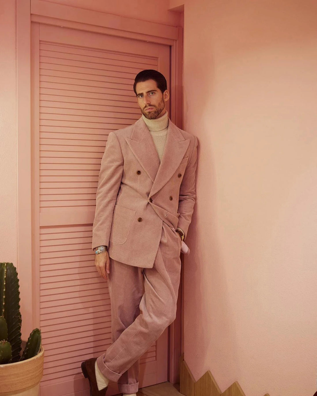 Ensemble 2 pièces veste et pantalon en velours côtelé rose pour homme, smoking croisé pour cérémonie, mariage 