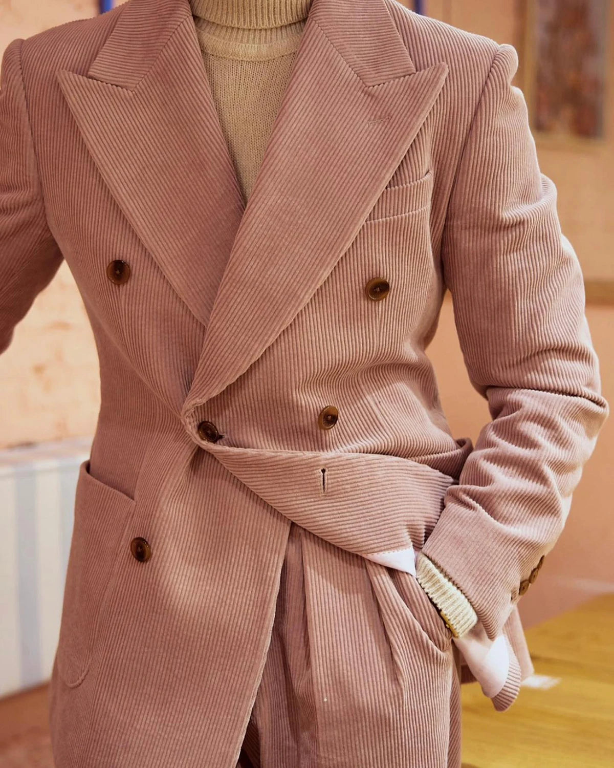 Ensemble 2 pièces veste et pantalon en velours côtelé rose pour homme, smoking croisé pour cérémonie, mariage 