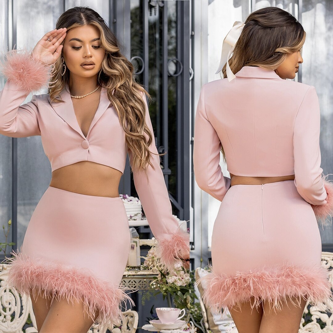 Costume de mère de la mariée en plumes roses, ensemble 2 pièces pour femme, veste courte, blazer, soirée formelle 