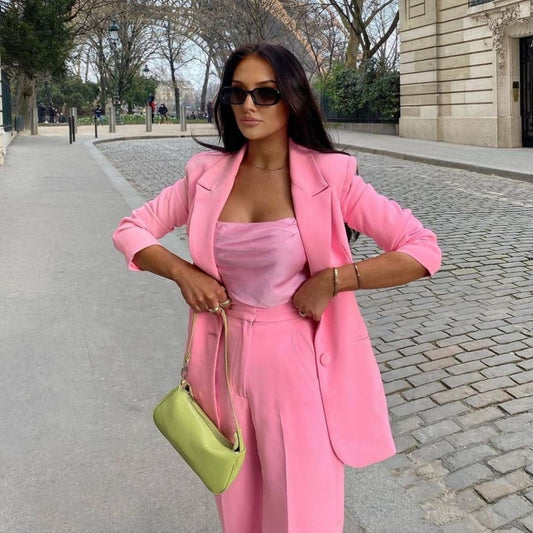 Conjunto de 2 piezas de blazer rosa para mujer, vestido de fiesta de boda, chaqueta holgada con pantalones 