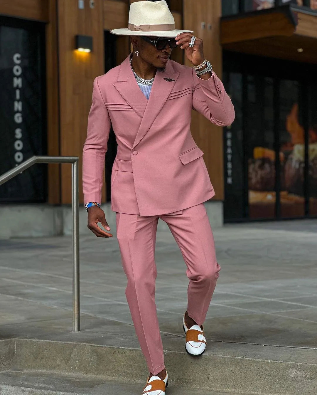 Trajes de hombre rosas a medida, 2 piezas, blazer, pantalón, un botón, solapa de pico, boda, ropa formal de trabajo, esmoquin de talla grande, hecho a medida 