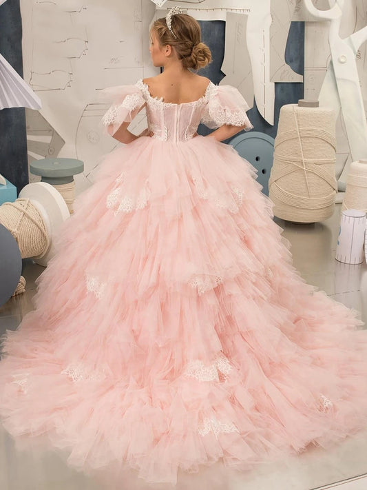 Vestido de princesa con hombros descubiertos, encaje rosa para niñas, mangas abullonadas y tiara