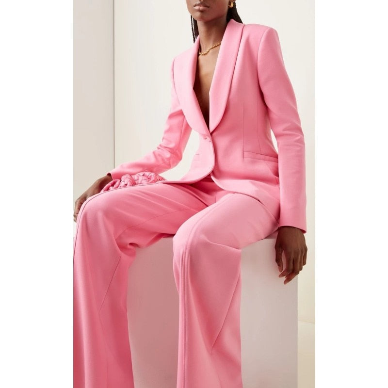 Trajes de mujer con solapa chal rosa, pantalones de pierna ancha, 2 piezas, chaqueta para chica joven, chaqueta femenina, traje de oficina para dama 