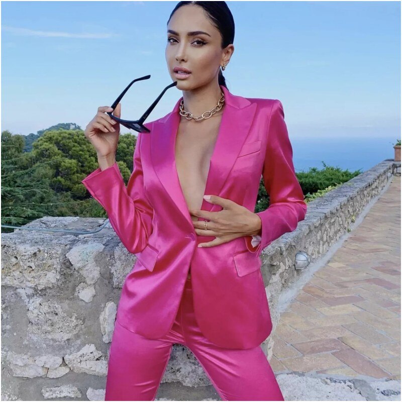 Pink Shiny Satin Women Suits 2 Piece Blazer Pants Outfit Spring Summer Ladies Suits Casual Daily Set Custom Made