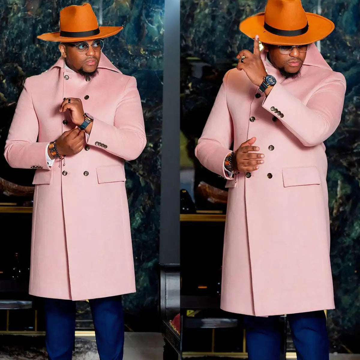 Manteau long en tweed rose pour homme, veste croisée à revers pointus, blazer une pièce, tenue de soirée, de bal, de mariage