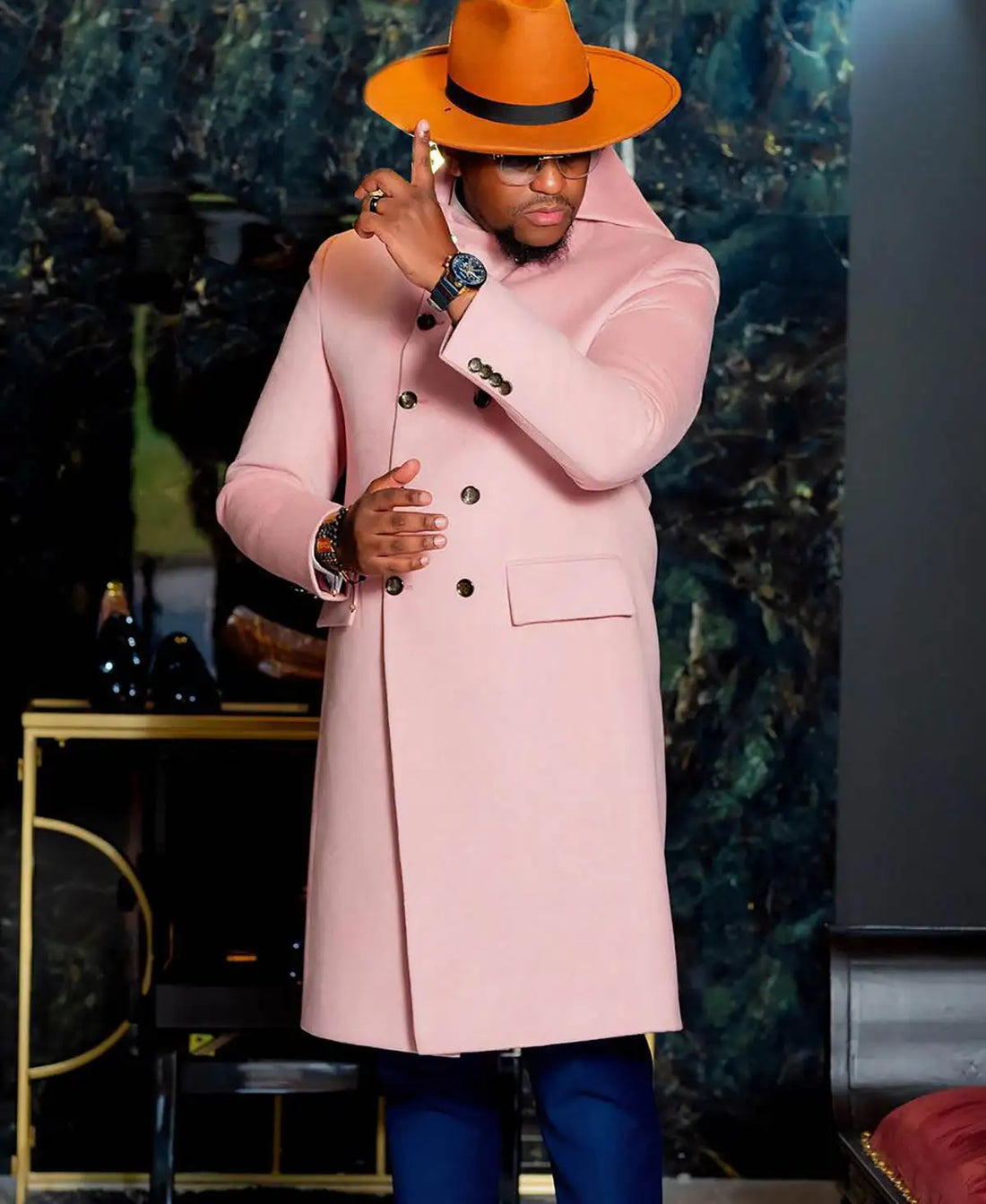 Manteau long en tweed rose pour homme, veste croisée à revers pointus, blazer une pièce, tenue de soirée, de bal, de mariage