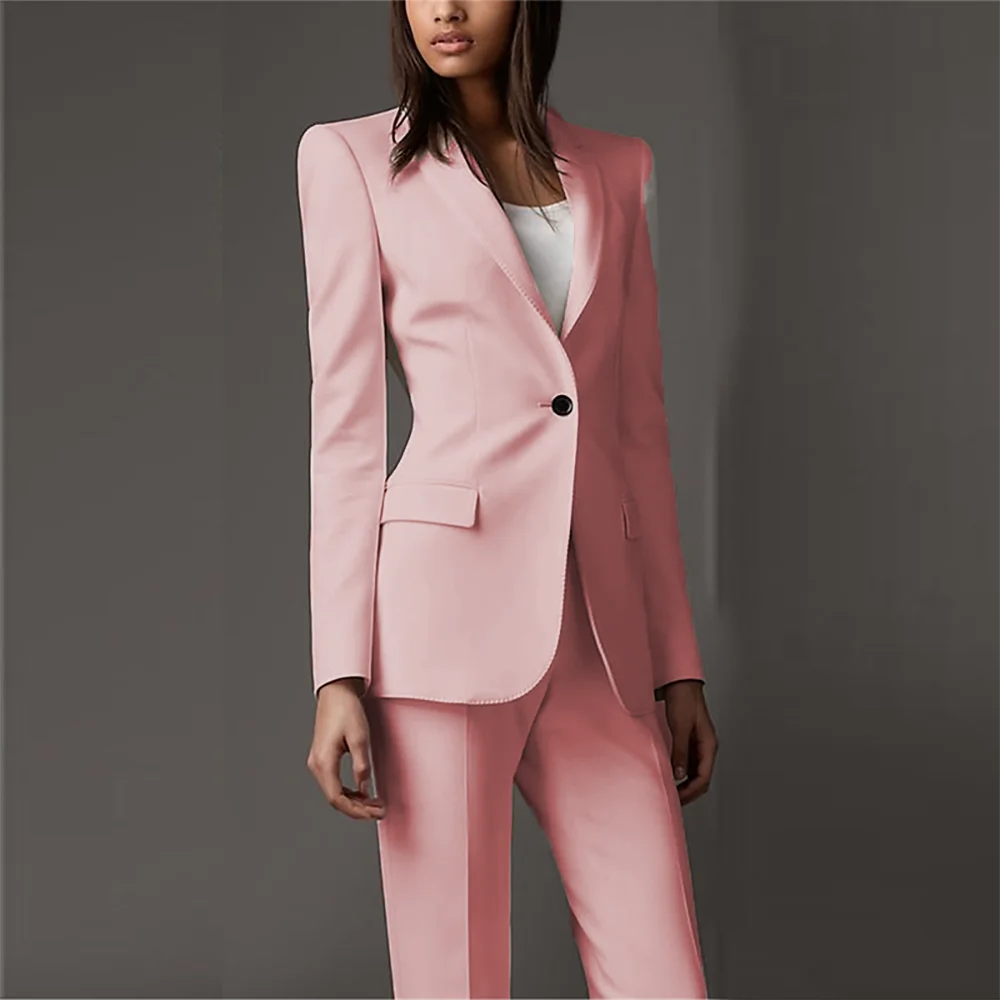 Conjunto de 2 piezas de pantalón de color liso para mujer, traje formal de oficina, corte entallado, botones individuales, hecho a medida, color rosa 