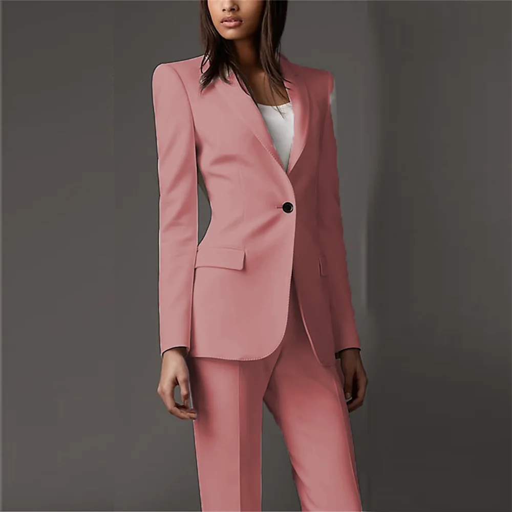 Conjunto de 2 piezas de pantalón de color liso para mujer, traje formal de oficina, corte entallado, botones individuales, hecho a medida, color rosa 