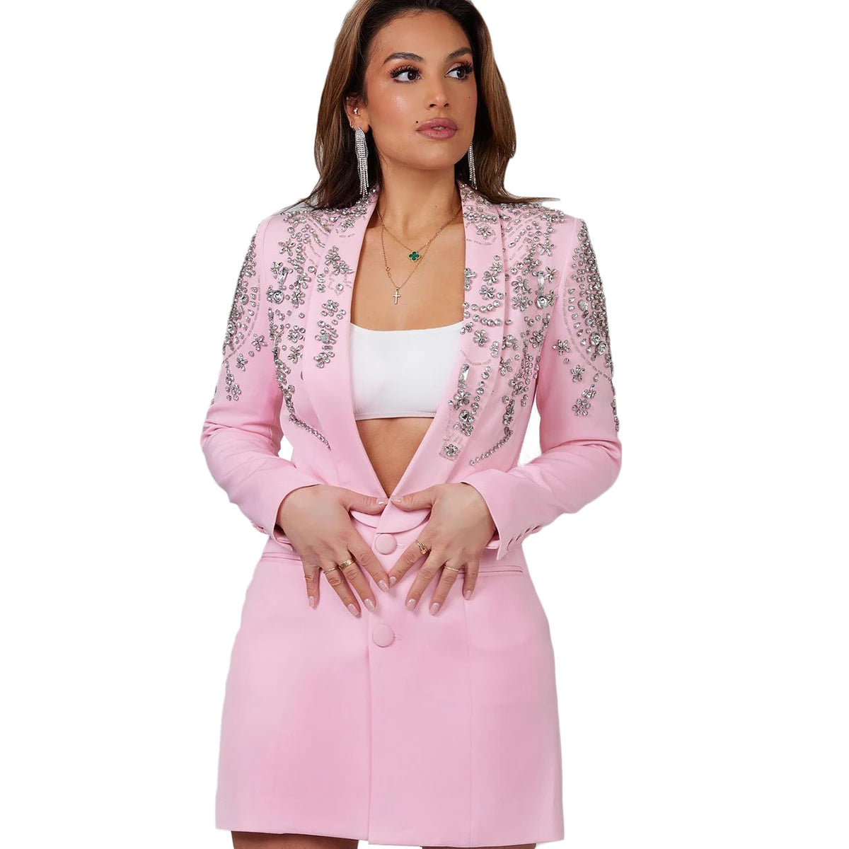 Vestido rosa para mujer, blazer largo, traje, abrigo, chaqueta, formal, para fiesta de graduación, de un solo pecho, ropa de trabajo para mujer.