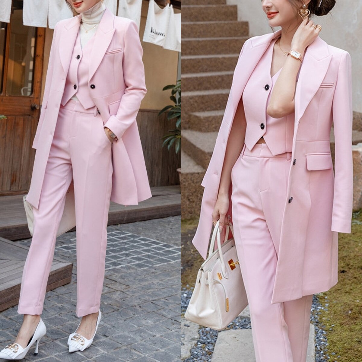 Costume de soirée rose 3 pièces pour femme, coupe slim, pour bal, bureau, smoking, blazer, pour mariage 