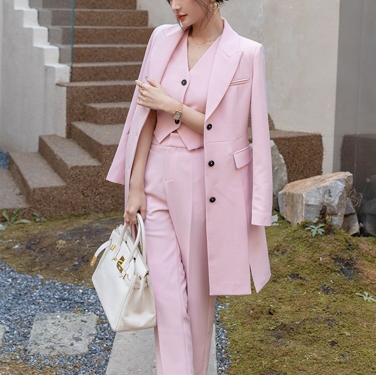 Costume de soirée rose 3 pièces pour femme, coupe slim, pour bal, bureau, smoking, blazer, pour mariage 