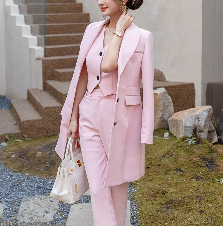 Costume de soirée rose 3 pièces pour femme, coupe slim, pour bal, bureau, smoking, blazer, pour mariage 