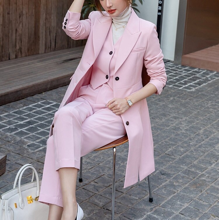 Costume de soirée rose 3 pièces pour femme, coupe slim, pour bal, bureau, smoking, blazer, pour mariage 