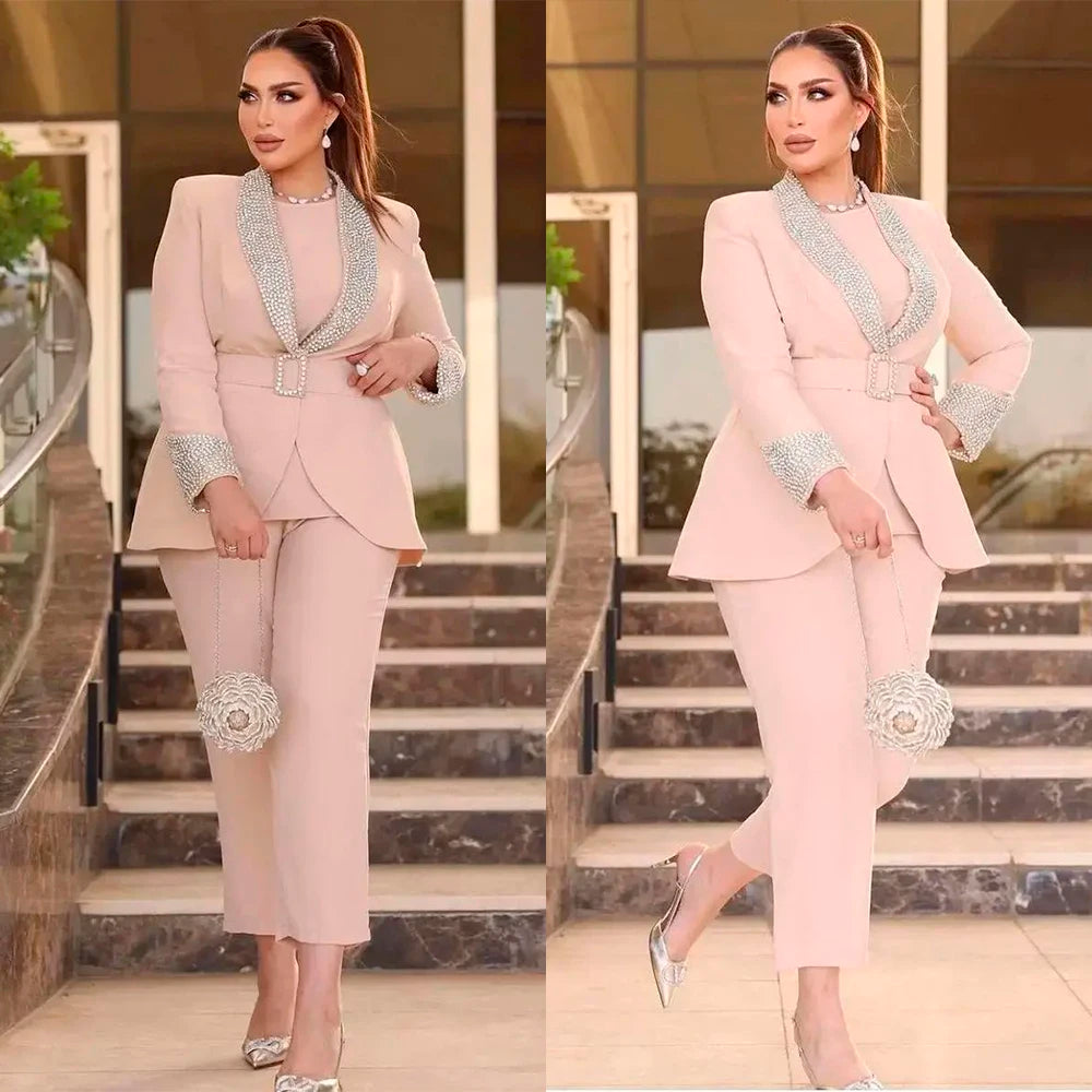 Costume rose 2 pièces pour femme avec ceinture, blazer de luxe en cristal, veste + pantalon, tenue de bureau formelle sur mesure, robe de soirée