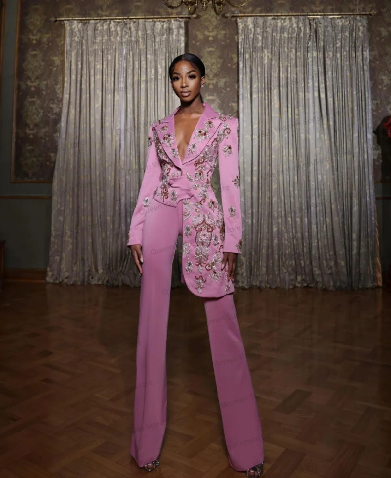Conjunto de 2 piezas de trajes de oficina para mujer, color rosa, blazer y pantalón, para madre de los invitados, con dobladillo irregular, apliques y cuentas, hecho a medida. 