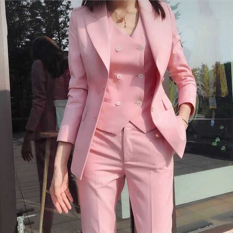 Traje formal ajustado de 3 piezas para mujer, color rosa, hecho a medida, para oficina, trabajo, negocios, boda, blazer. 