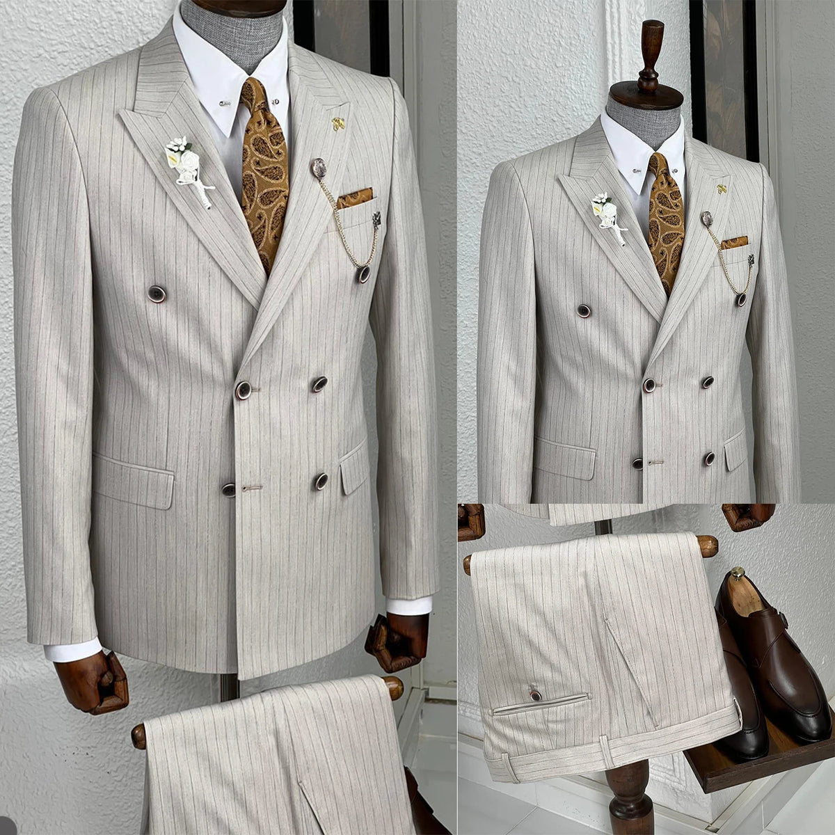 Stylish Pinstriped Double Breasted Tuxedo for Men - Custom Slim Fit Wedding Suit with Peaked Lapel and Matching Pants