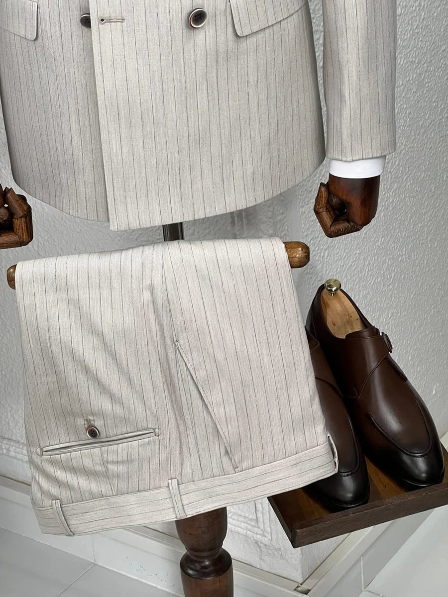 Stylish Pinstriped Double Breasted Tuxedo for Men - Custom Slim Fit Wedding Suit with Peaked Lapel and Matching Pants