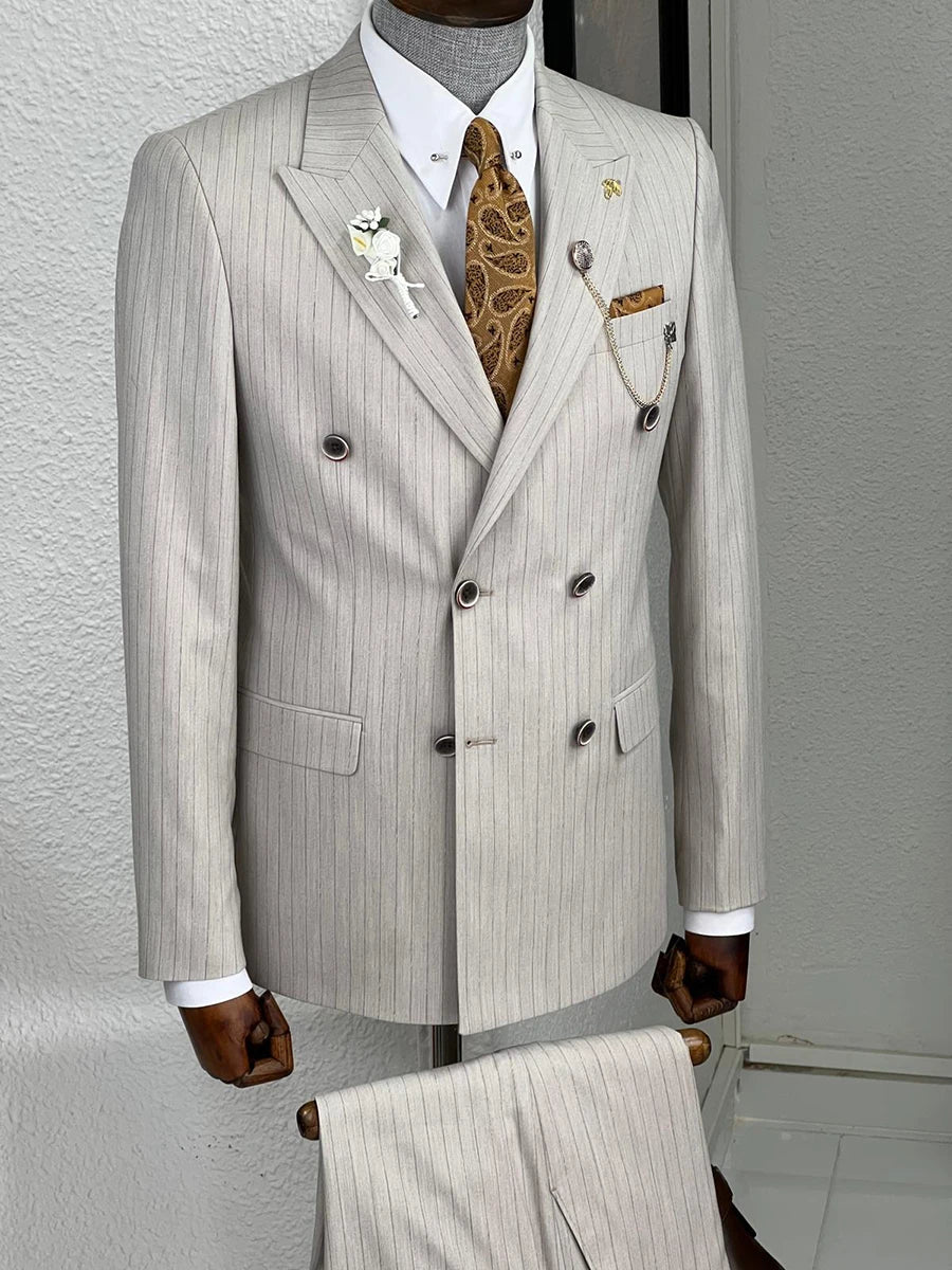 Smoking croisé à rayures fines pour homme - Costume de mariage slim fit sur mesure avec revers pointus et pantalon assorti