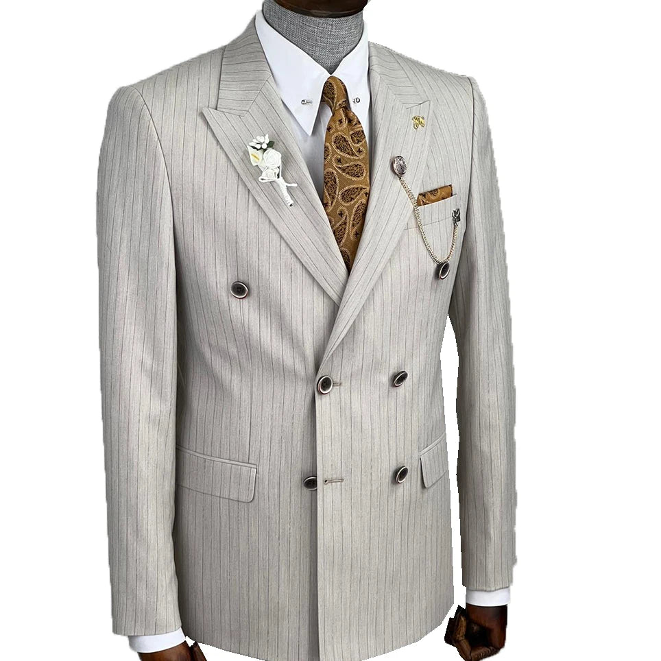 Stylish Pinstriped Double Breasted Tuxedo for Men - Custom Slim Fit Wedding Suit with Peaked Lapel and Matching Pants