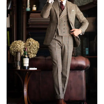 Plaid Men Suits for Wedding Groom Regular Length Single Breasted Peak Lapel 3 Piece Jacket Pants Vest Formal Blazer Costume