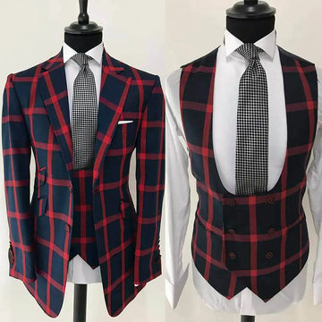 Stylish Plaid Wedding Suit Set for Men, Custom Slim Fit Tuxedo with Notched Lapel Jacket and Vest for Grooms, Perfect for Business, Parties, and Proms