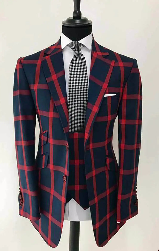 Stylish Plaid Wedding Suit Set for Men, Custom Slim Fit Tuxedo with Notched Lapel Jacket and Vest for Grooms, Perfect for Business, Parties, and Proms