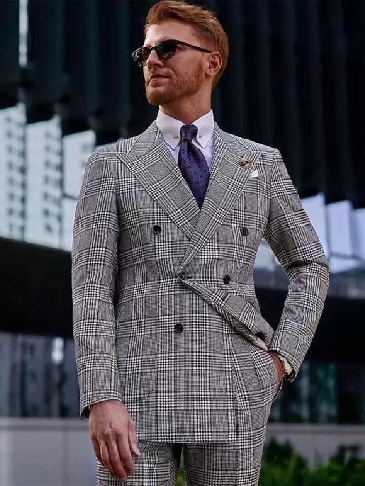 Costume homme 2 pièces à carreaux, blazer, pantalon, smoking, croisé, rayures, gris, revers larges, travail, mariage, marié, sur mesure 