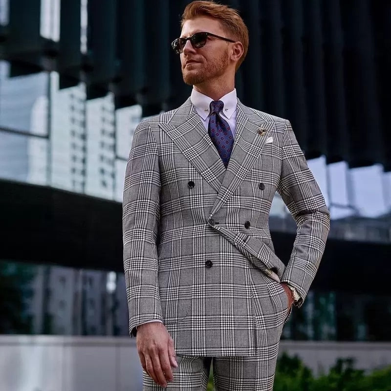 Plaid Men's Suit 2 Pieces Blazer Pants Tuxedo Double Breasted Stripes Gray Wide Lapel Work Wedding Groom Tailored