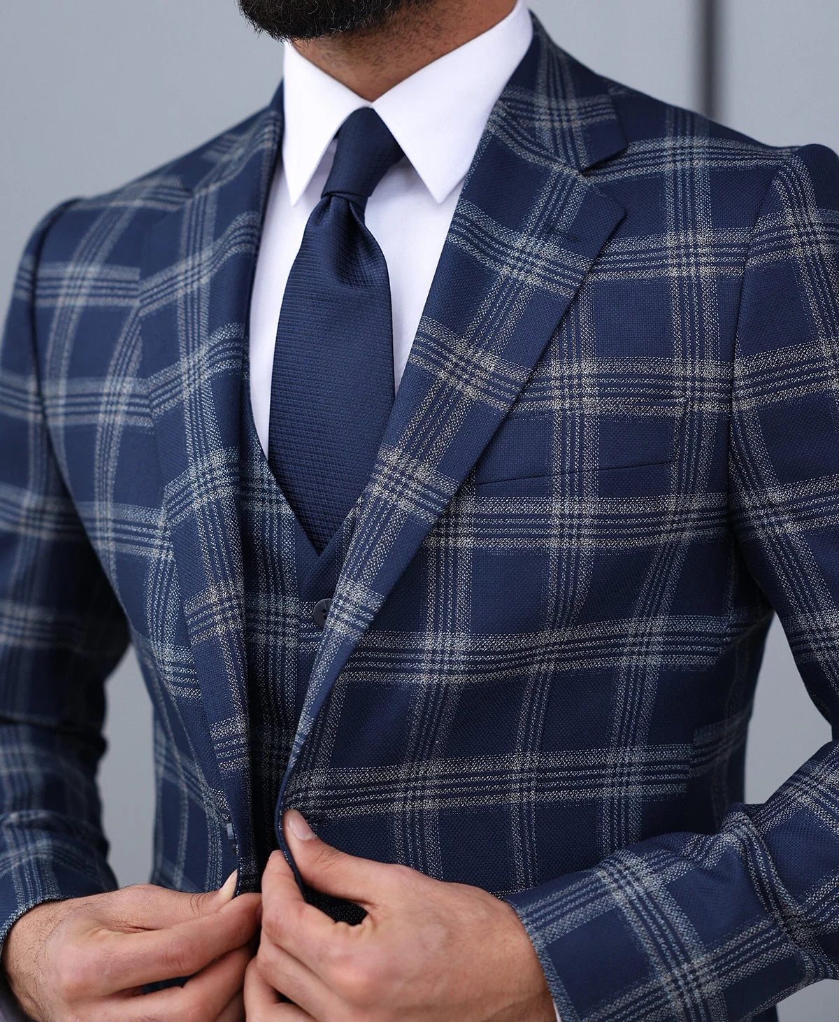 Trajes de boda a cuadros para hombre, esmoquin con solapa con muesca, moda de novio, 3 piezas, hecho a medida (chaqueta, pantalón y chaleco).