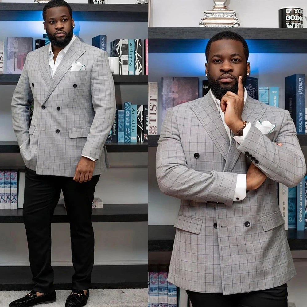 Costume de mariage à carreaux pour homme, smoking croisé à revers pointus, coupe slim, tenue de soirée, tenue de marié, 2 pièces, manteau et pantalon
