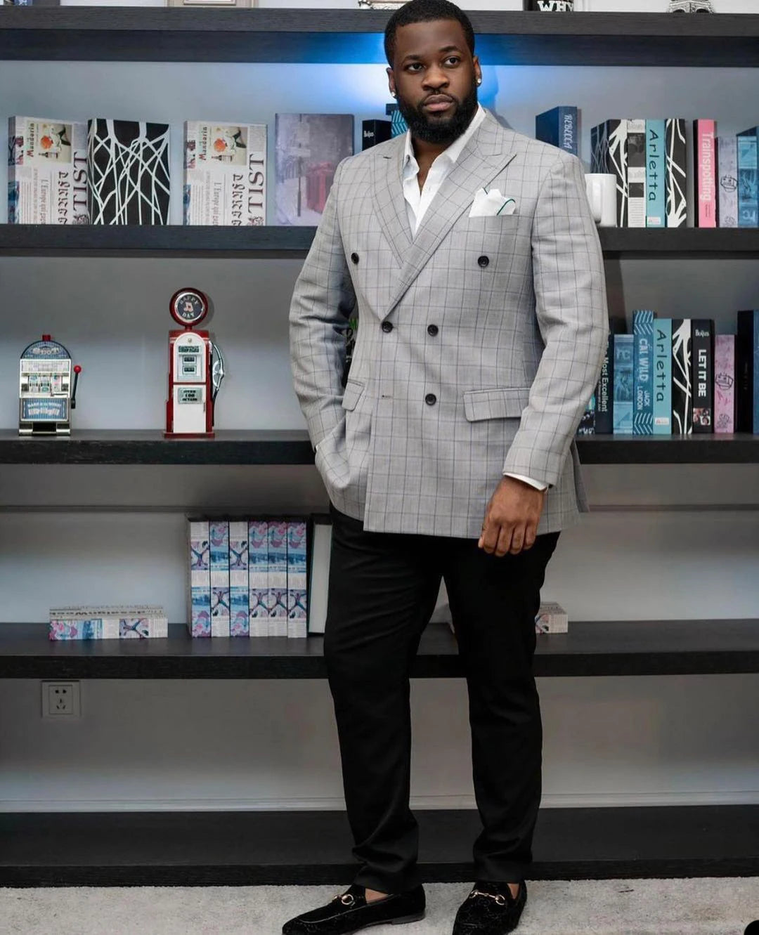 Costume de mariage à carreaux pour homme, smoking croisé à revers pointus, coupe slim, tenue de soirée, tenue de marié, 2 pièces, manteau et pantalon