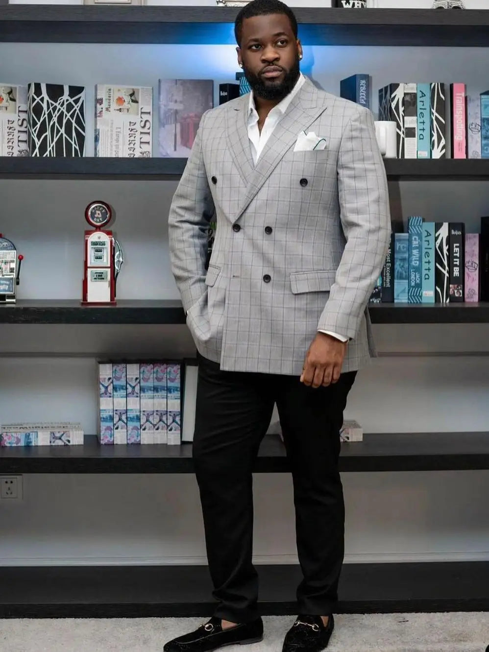 Costume de mariage à carreaux pour homme, smoking croisé à revers pointus, coupe slim, tenue de soirée, tenue de marié, 2 pièces, manteau et pantalon