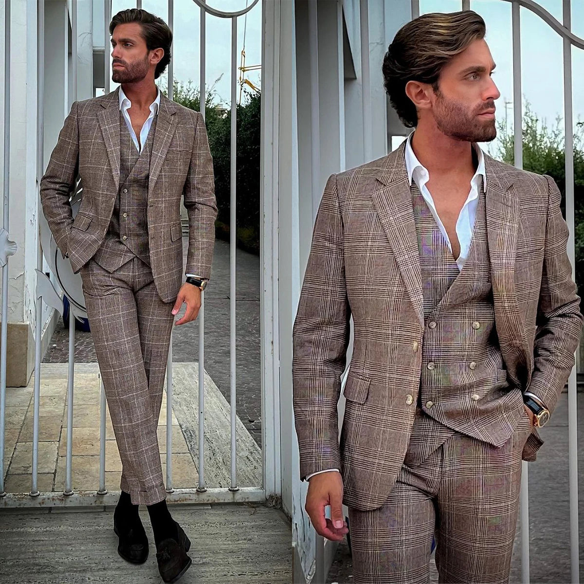 Trajes a cuadros para hombre, esmoquin con solapa con muesca para novio, trajes de boda, blazers de fiesta de negocios, conjuntos de 3 piezas, traje de novio para hombre