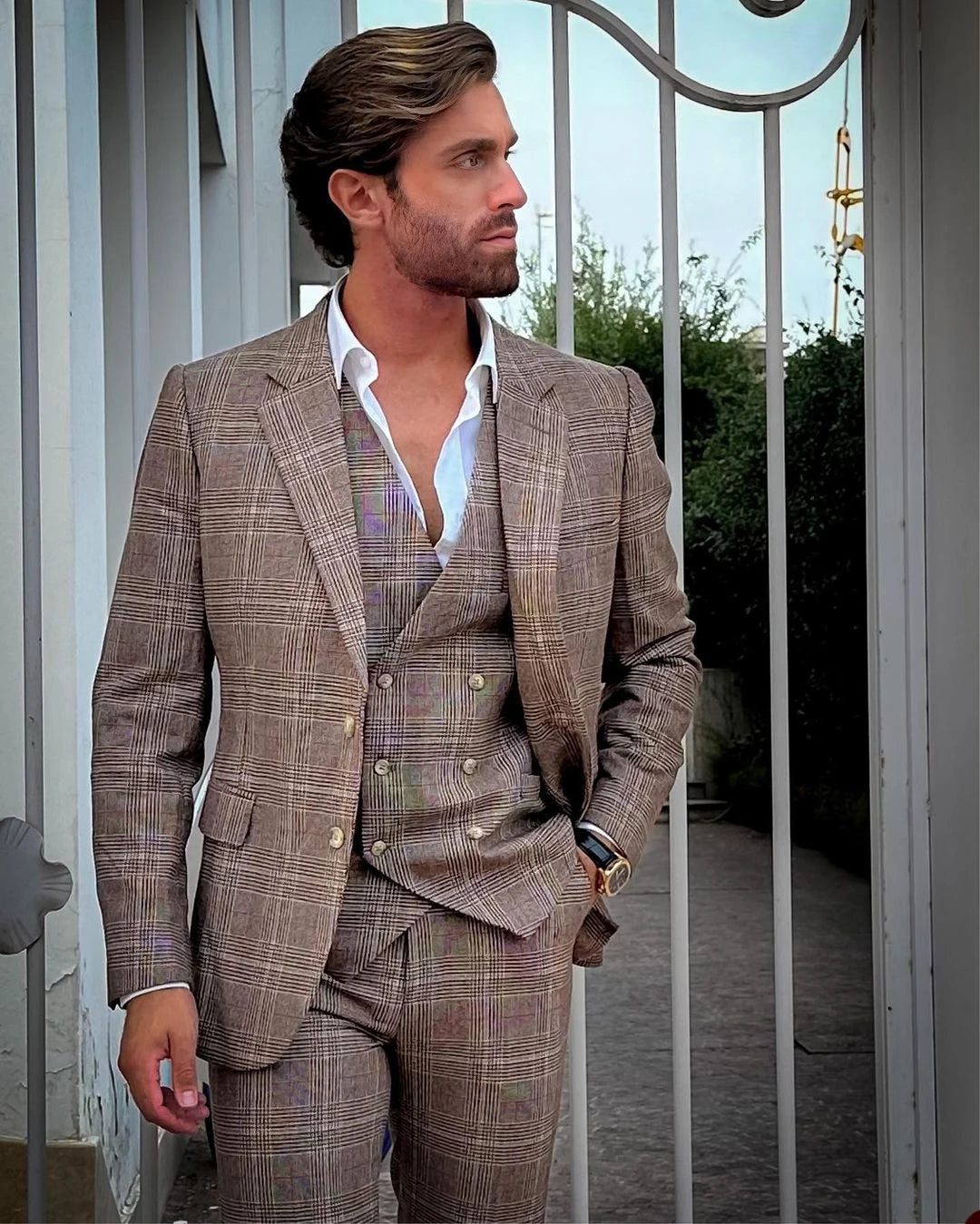 Trajes a cuadros para hombre, esmoquin con solapa con muesca para novio, trajes de boda, blazers de fiesta de negocios, conjuntos de 3 piezas, traje de novio para hombre