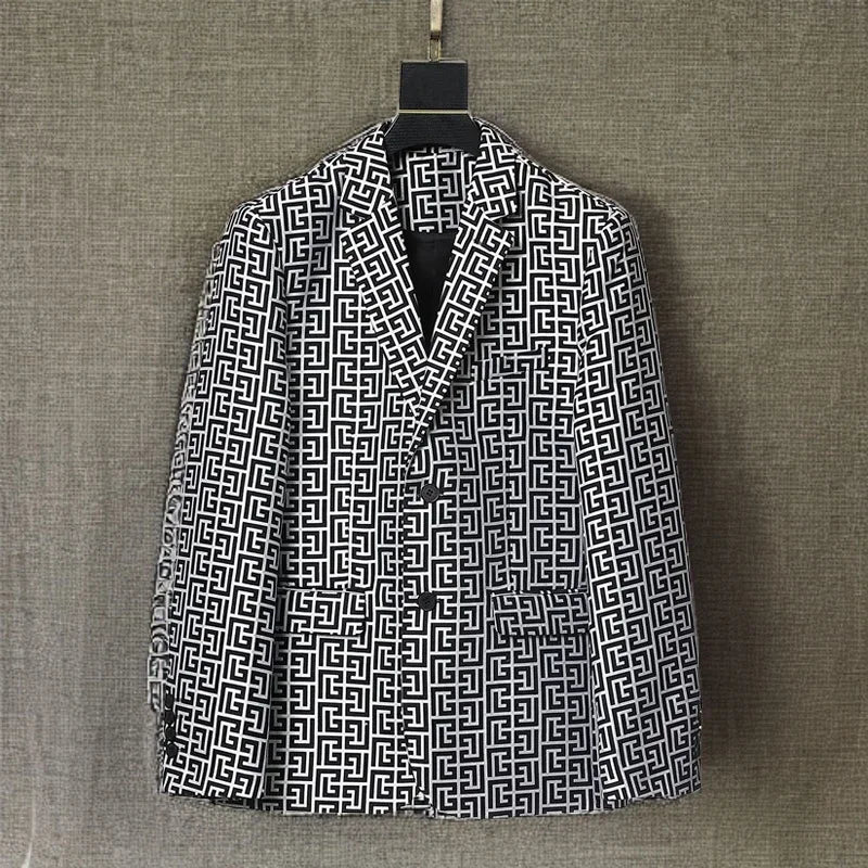 Men's Black White Geometric Pattern Blazer Two Button Long Sleeve Notched Lapel