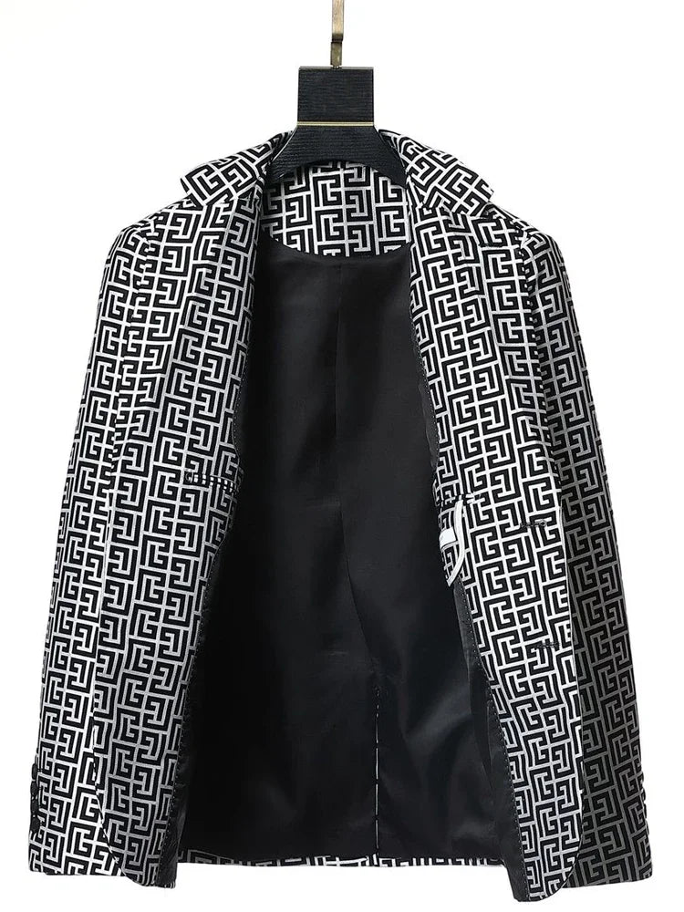 Men's Black White Geometric Pattern Blazer Two Button Long Sleeve Notched Lapel
