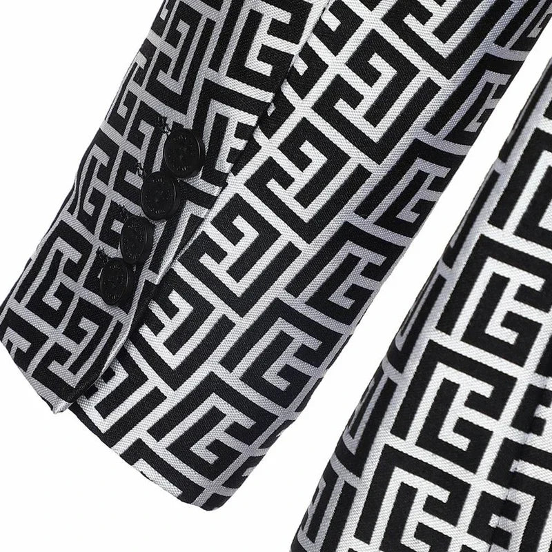 Men's Black White Geometric Pattern Blazer Two Button Long Sleeve Notched Lapel