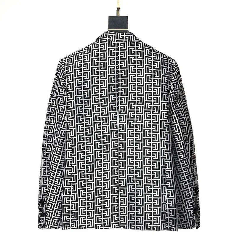 Men's Black White Geometric Pattern Blazer Two Button Long Sleeve Notched Lapel