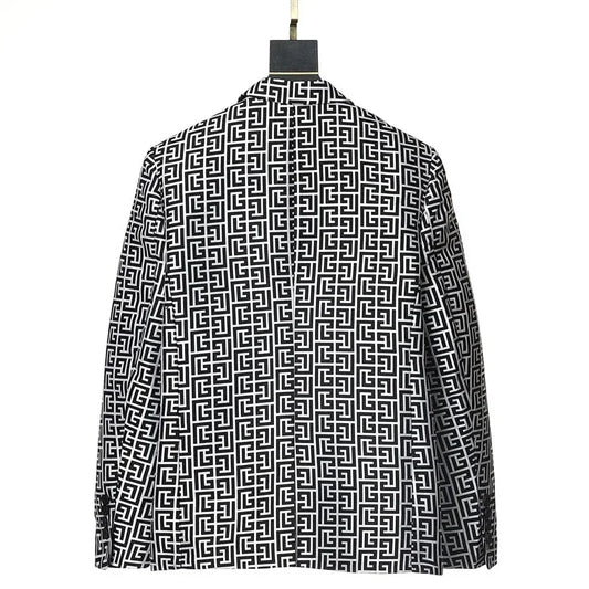 Men's Black White Geometric Pattern Blazer Two Button Long Sleeve Notched Lapel