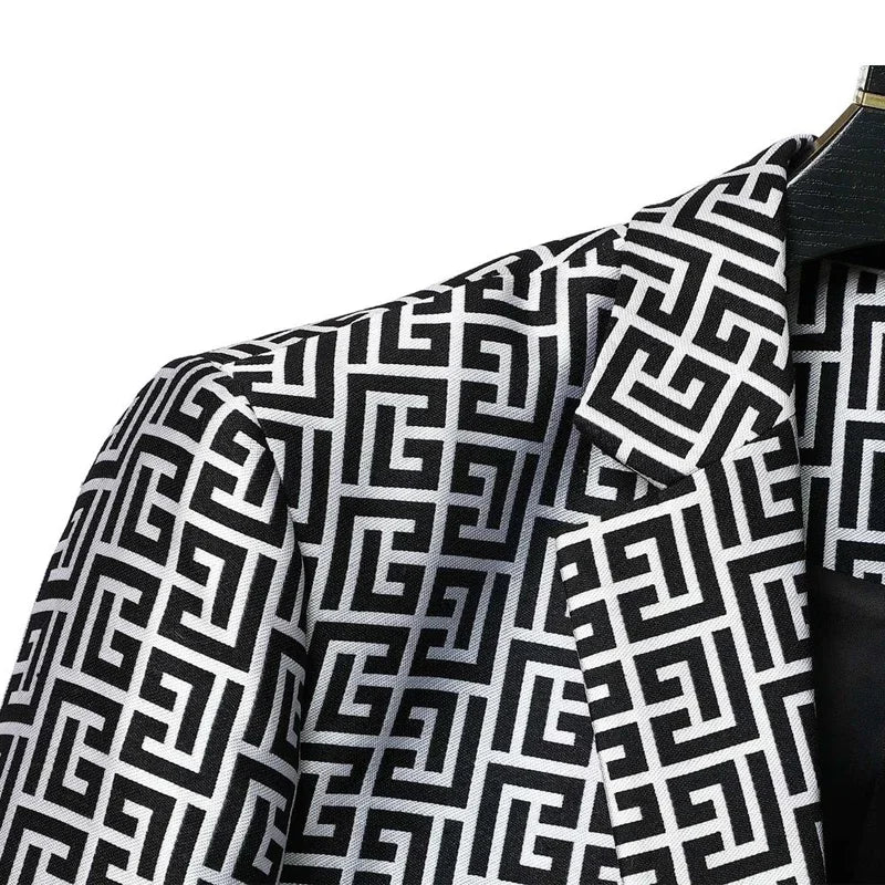 Men's Black White Geometric Pattern Blazer Two Button Long Sleeve Notched Lapel