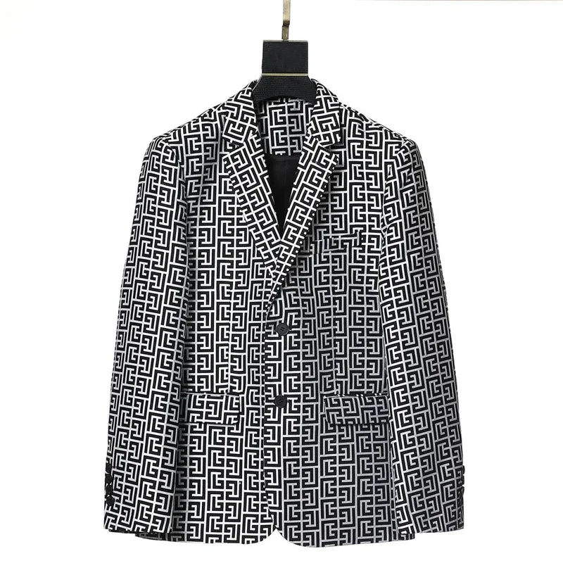 Men's Black White Geometric Pattern Blazer Two Button Long Sleeve Notched Lapel