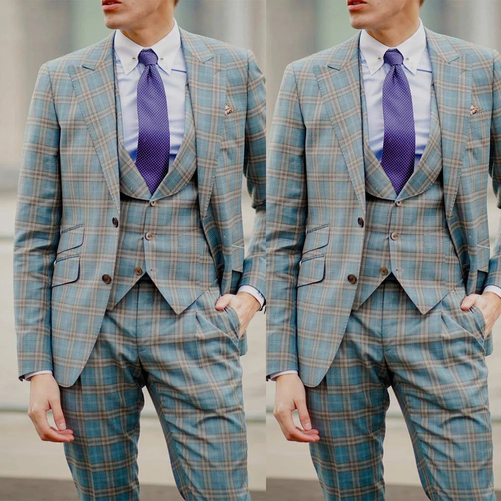 Plaid Wedding Suits For Men Peak Lapel Tuxedos Slim Fit Groom Wear Business Office 3 Pieces Jacket Pants And Vest Homme Costume